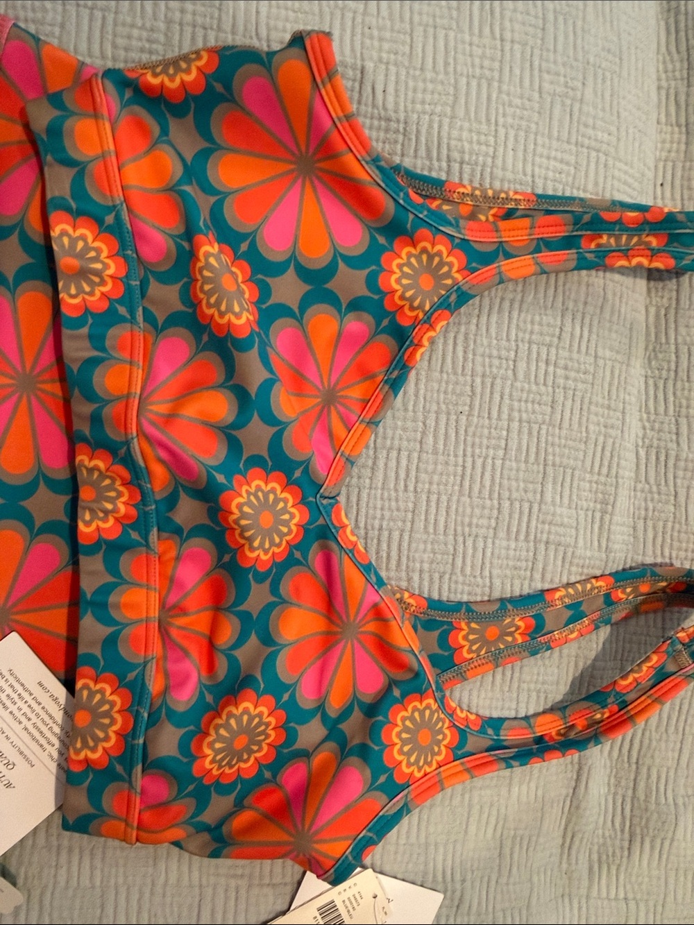 Beyond Yoga Floral Retro Bra & High-Waist Bike Shorts Set Teal, Pink, Orange - Picture 4 of 5
